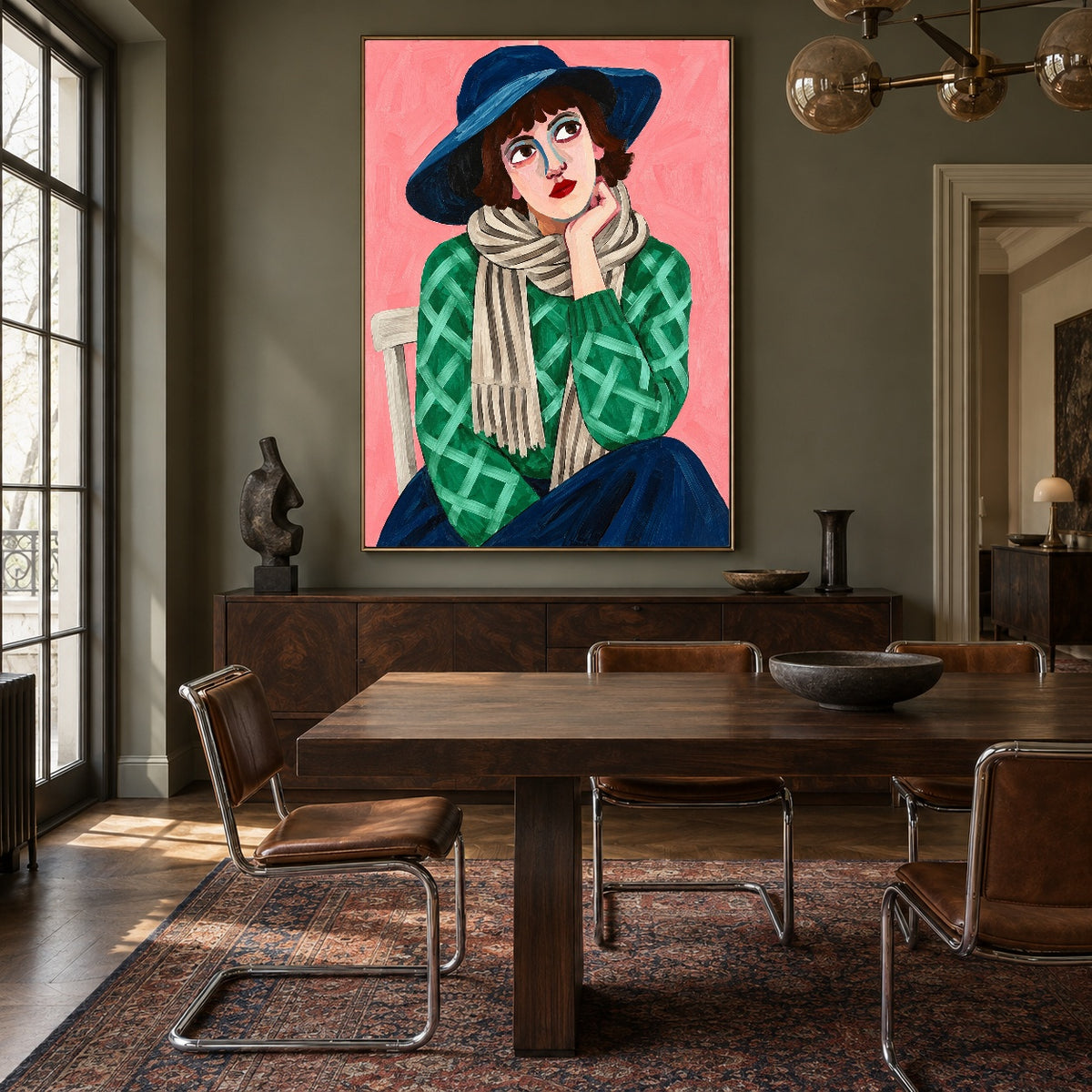 Emerald Afternoon - wood dining room - modern folk art painting