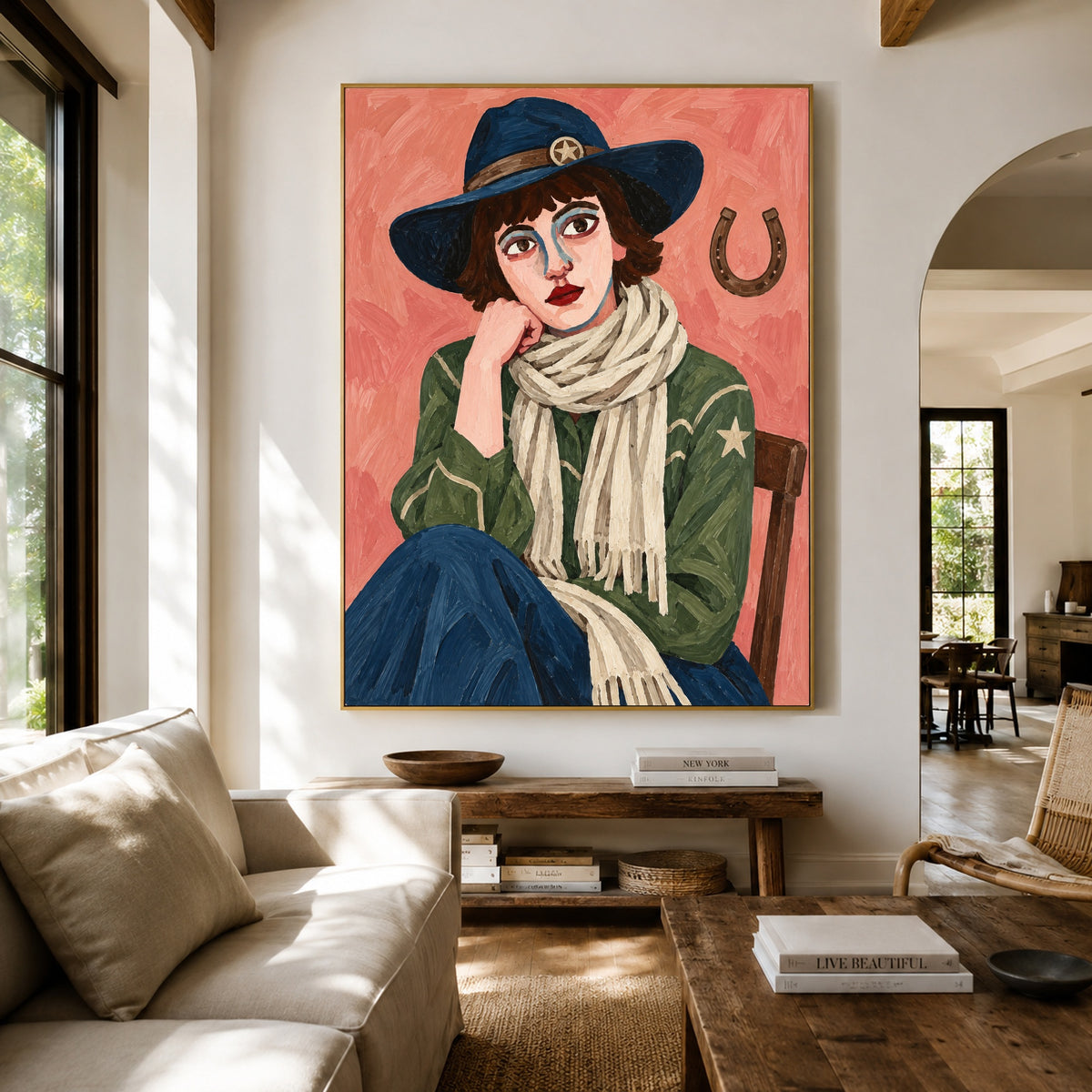 Lucky Blue Hat - living room hero - modern folk art painting