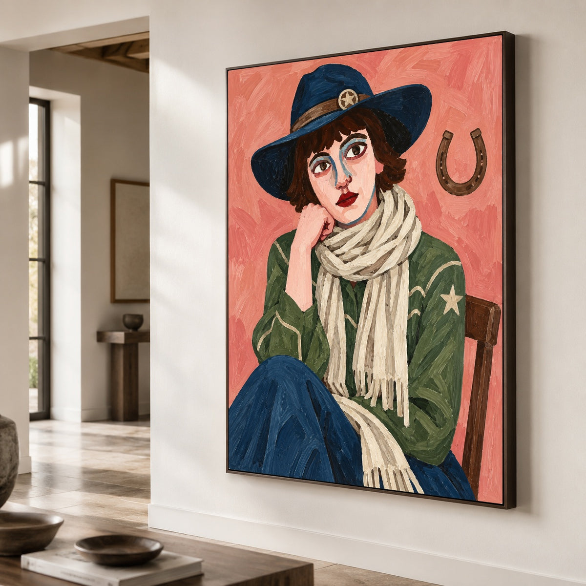 Lucky Blue Hat - oblique close view - modern folk art painting