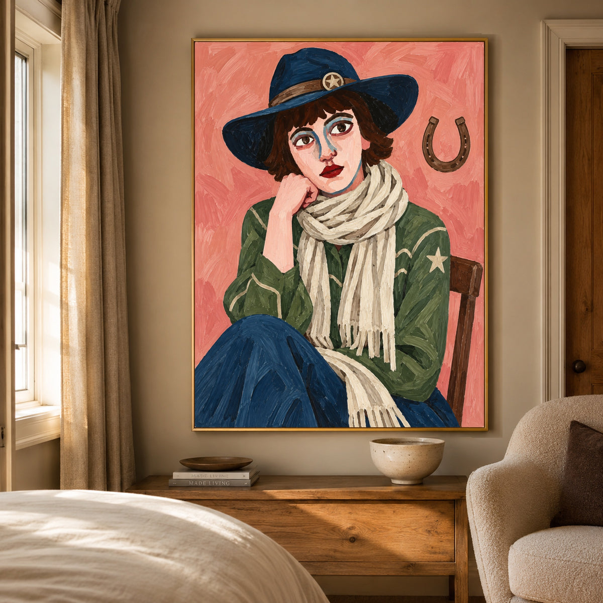 Lucky Blue Hat - bedroom - modern folk art painting