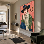 Lucky Blue Hat - modern living room - modern folk art painting