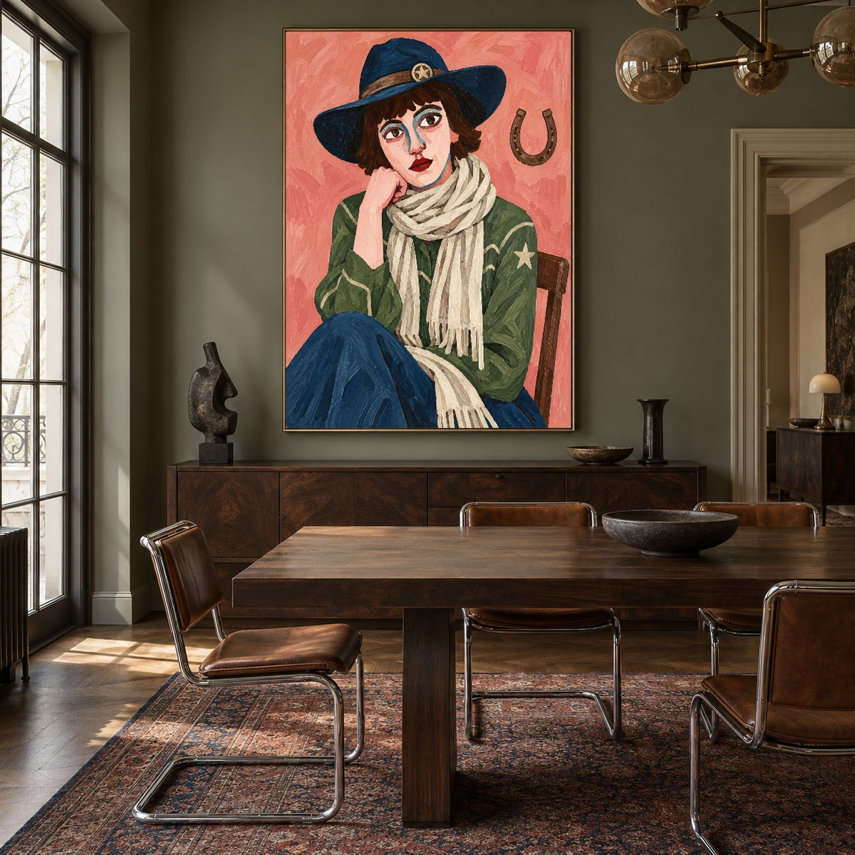 Lucky Blue Hat - wood dining room - modern folk art painting