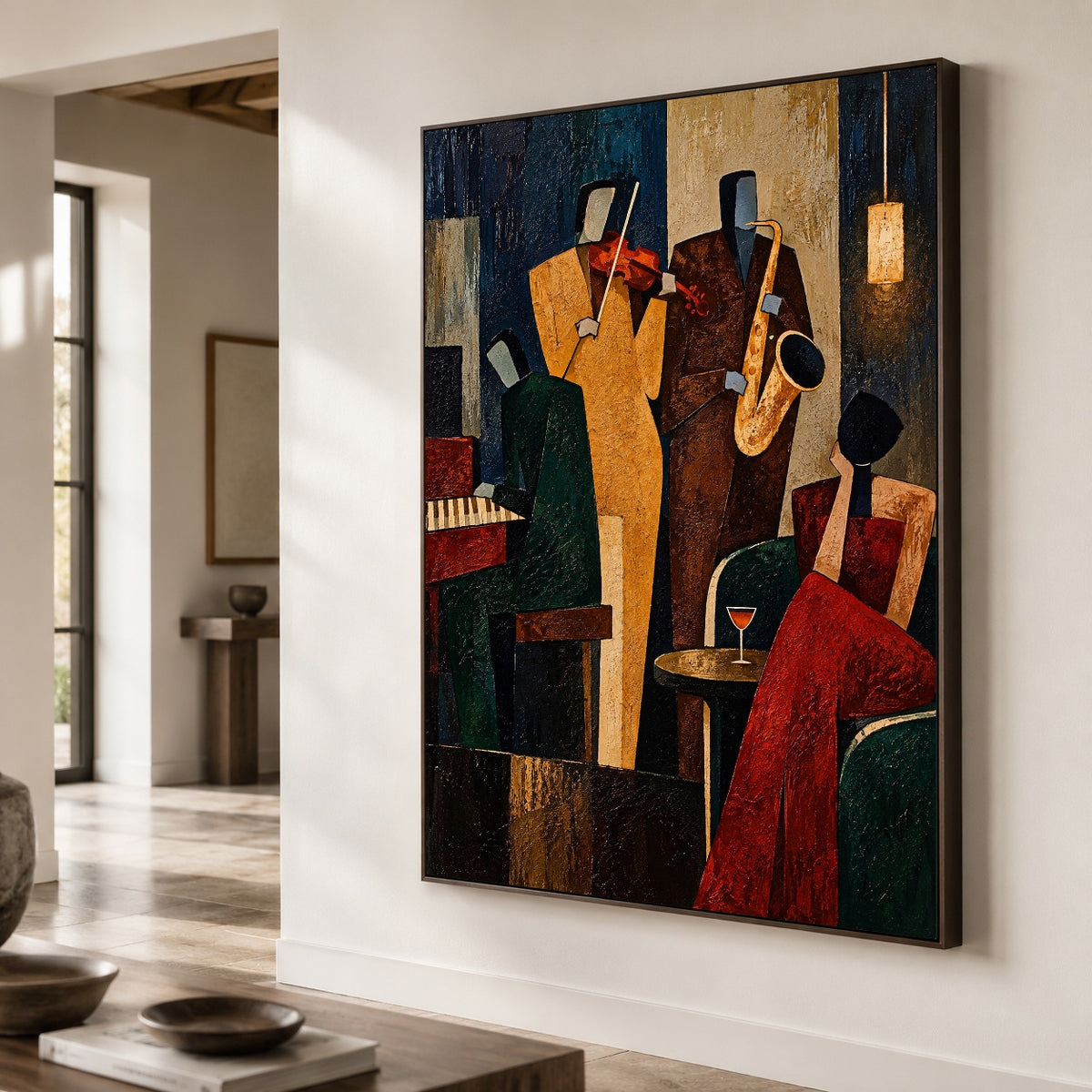Midnight Brass Assembly - oblique close view - modern folk art painting