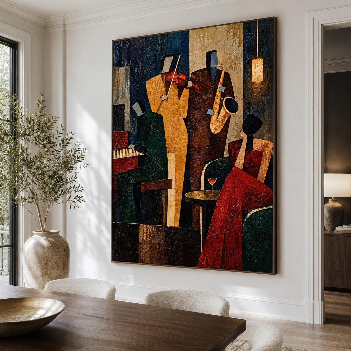 Midnight Brass Assembly - dining room close - modern folk art painting