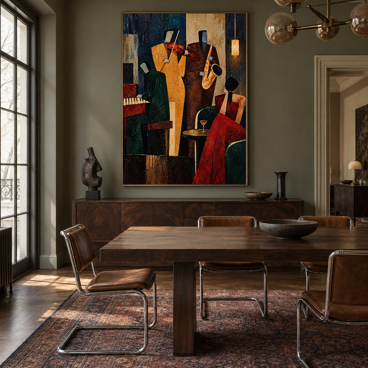 Midnight Brass Assembly - wood dining room - modern folk art painting