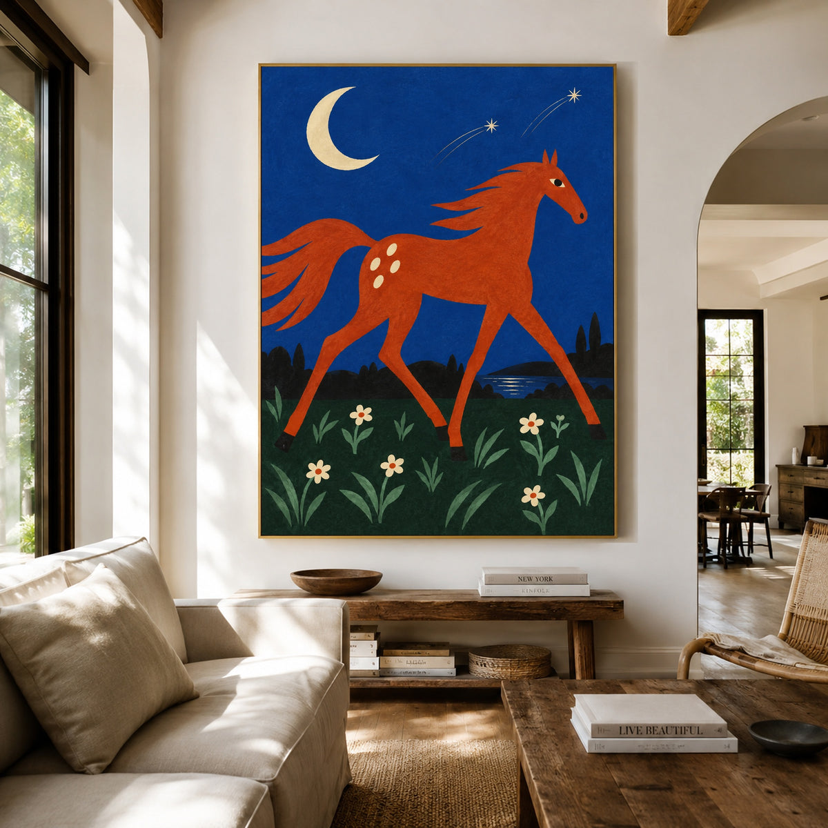 Moonflower Canter - living room hero - modern folk art painting