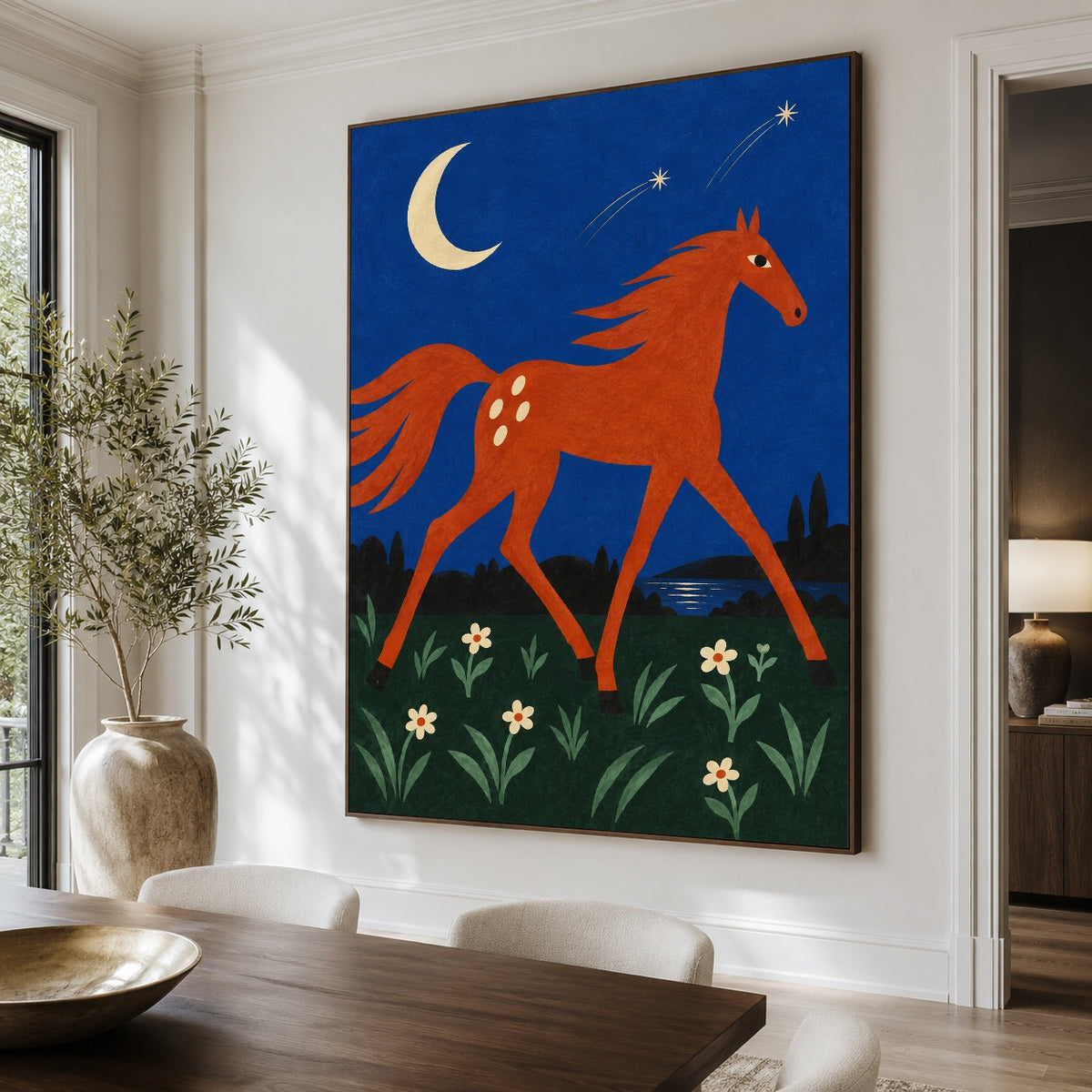 Moonflower Canter - dining room close - modern folk art painting