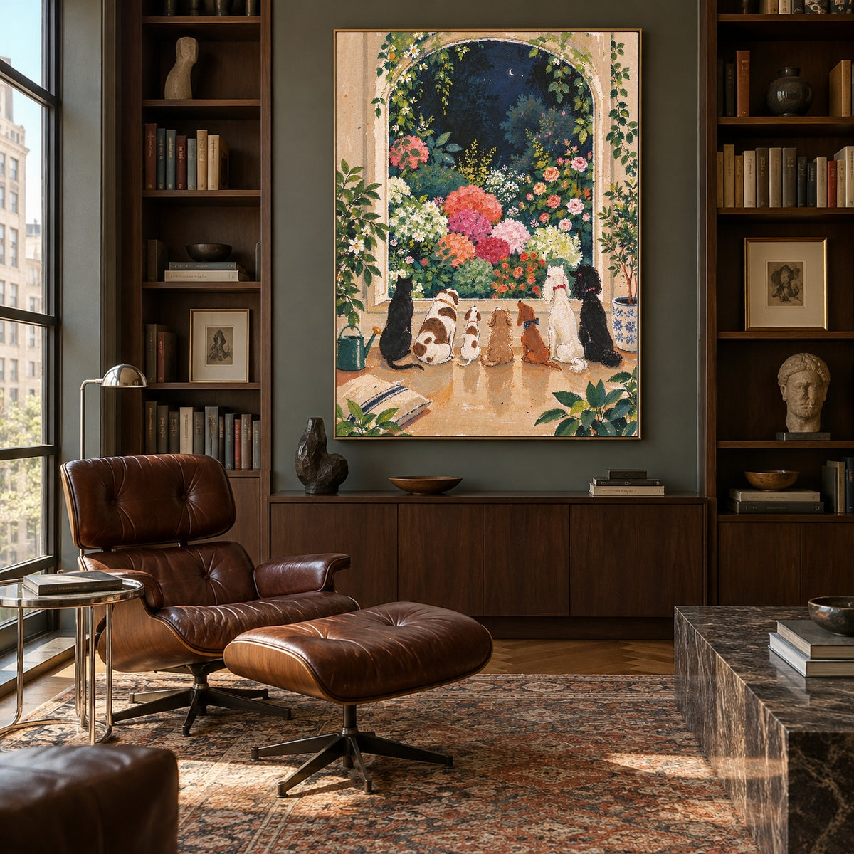 Moonlit Flower Guardians - library lounge - modern folk art painting