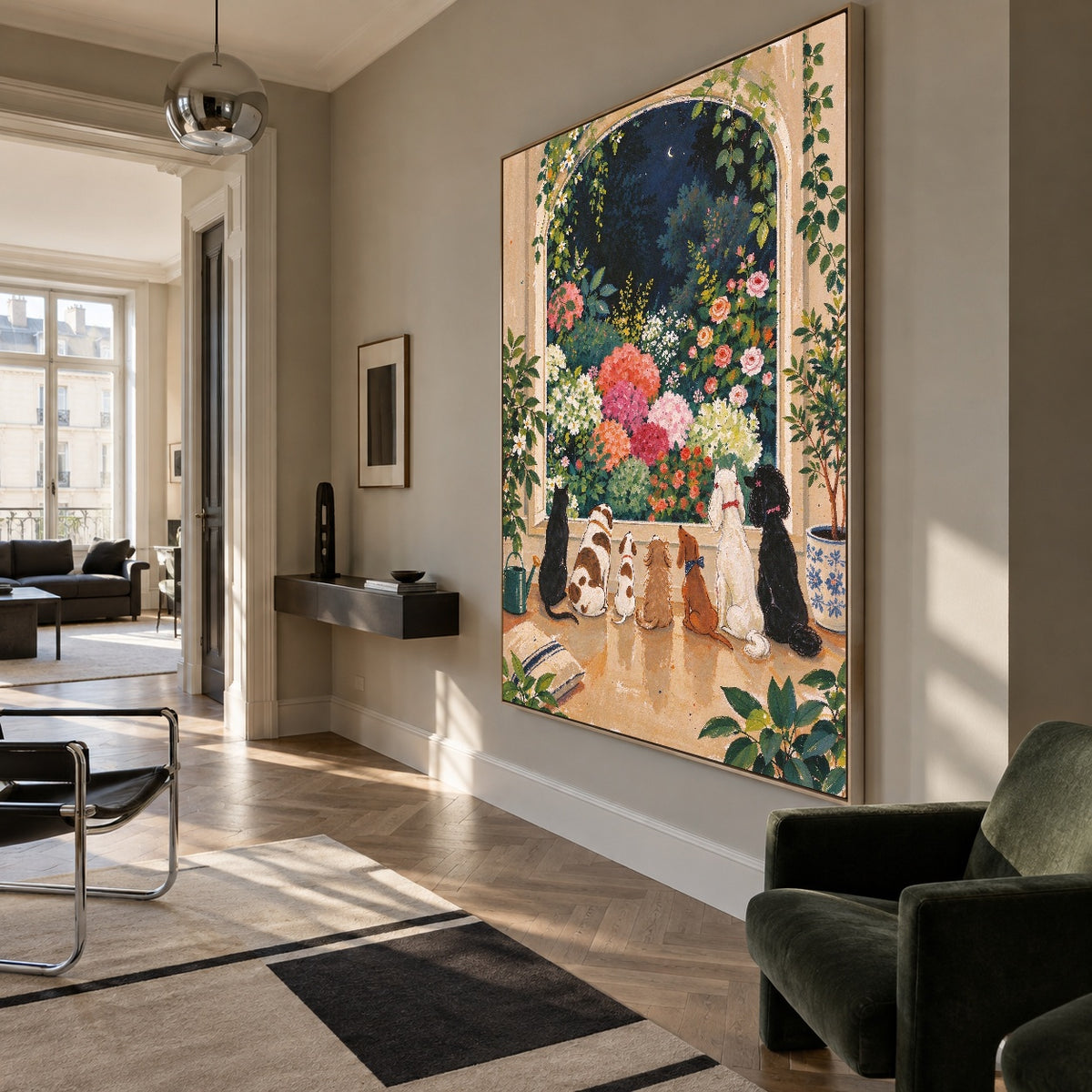 Moonlit Flower Guardians - modern living room - modern folk art painting