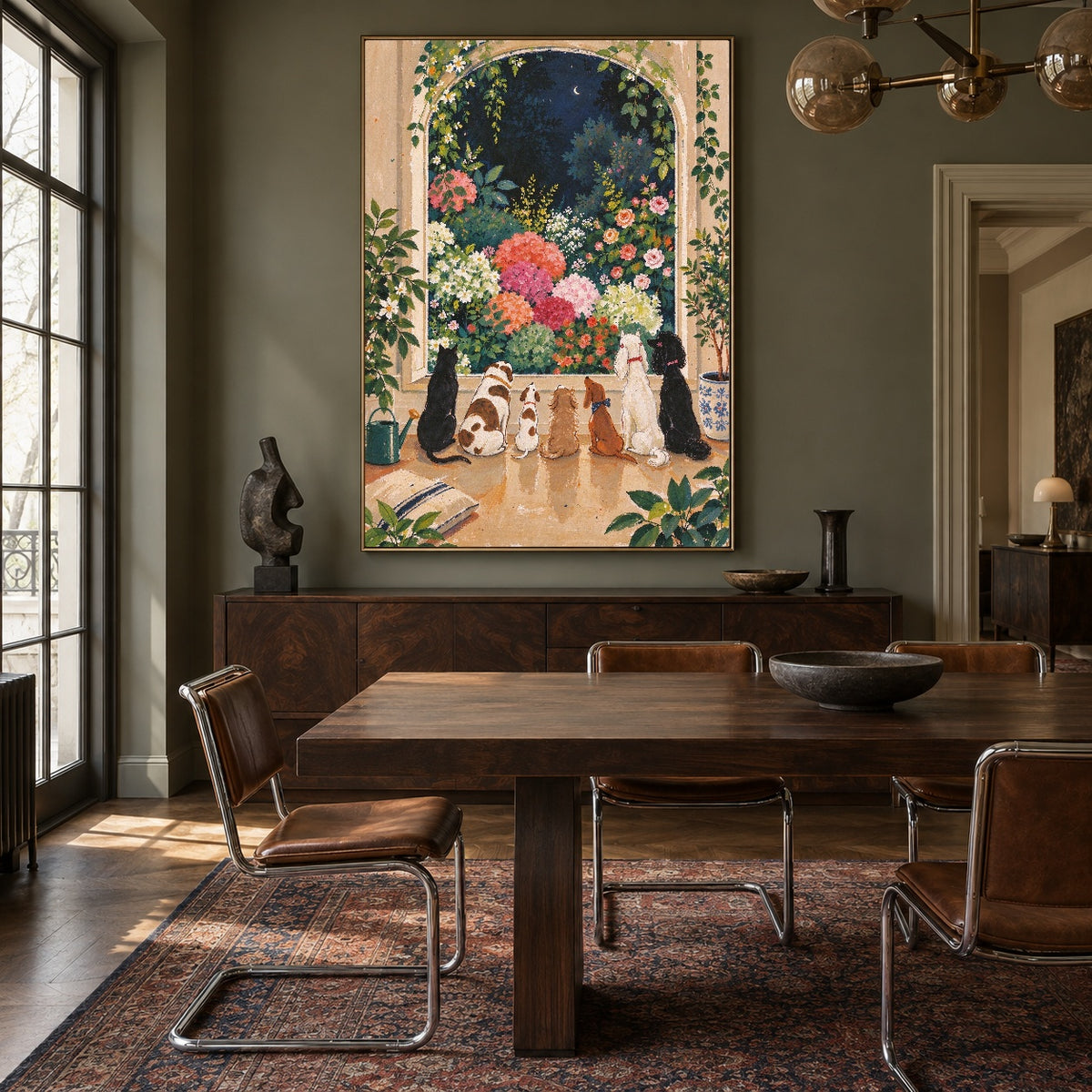 Moonlit Flower Guardians - wood dining room - modern folk art painting