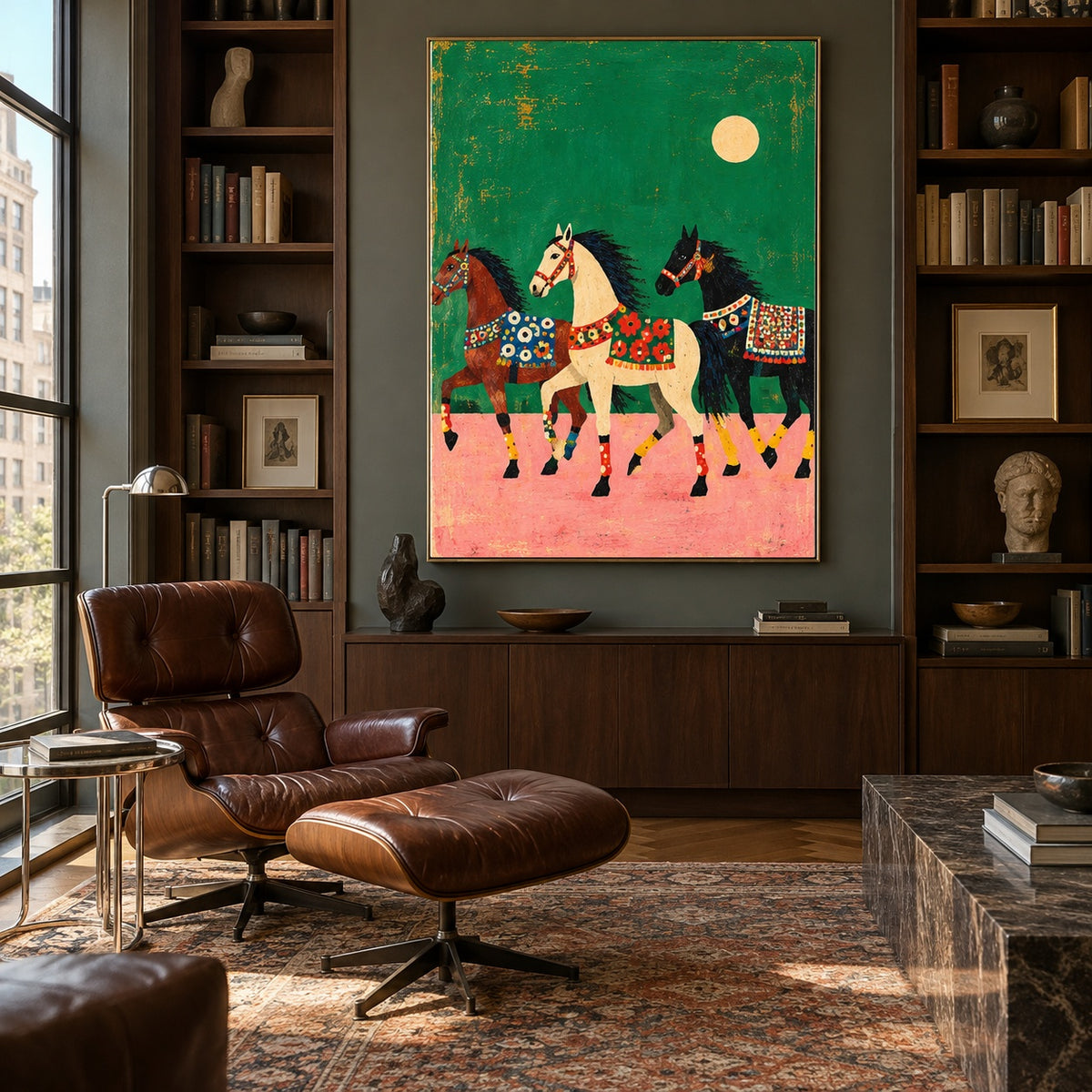 Moonlit Meadow Parade - library lounge - modern folk art painting