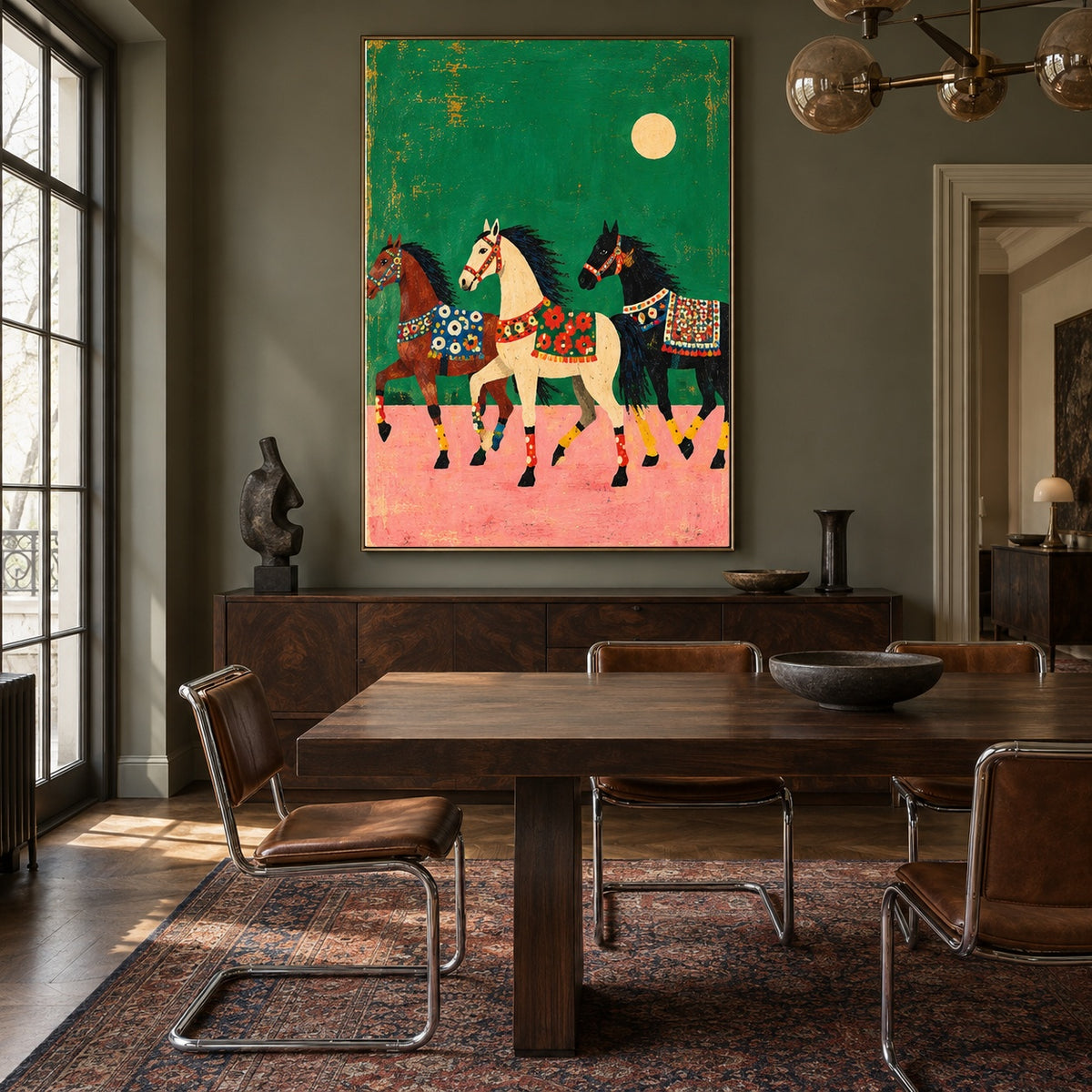 Moonlit Meadow Parade - wood dining room - modern folk art painting
