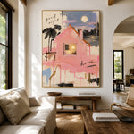 Moonlit Pink Cottage - living room hero - modern folk art painting