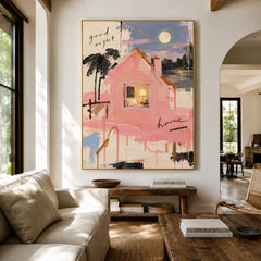 Moonlit Pink Cottage - living room hero - modern folk art painting