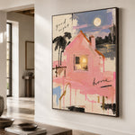 Moonlit Pink Cottage - oblique close view - modern folk art painting