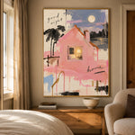 Moonlit Pink Cottage - bedroom - modern folk art painting