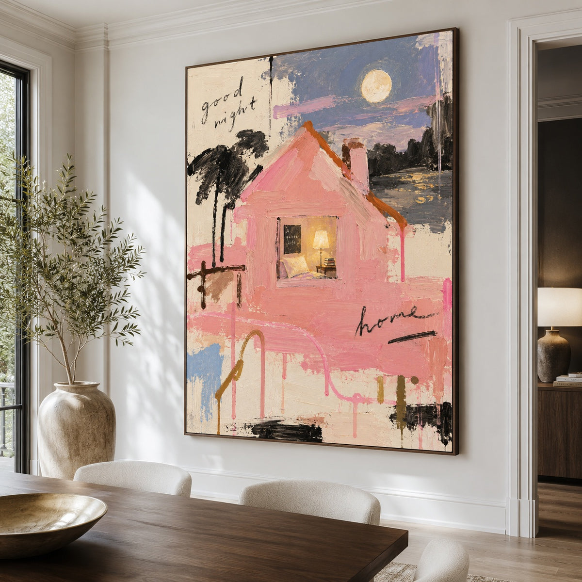 Moonlit Pink Cottage - dining room close - modern folk art painting
