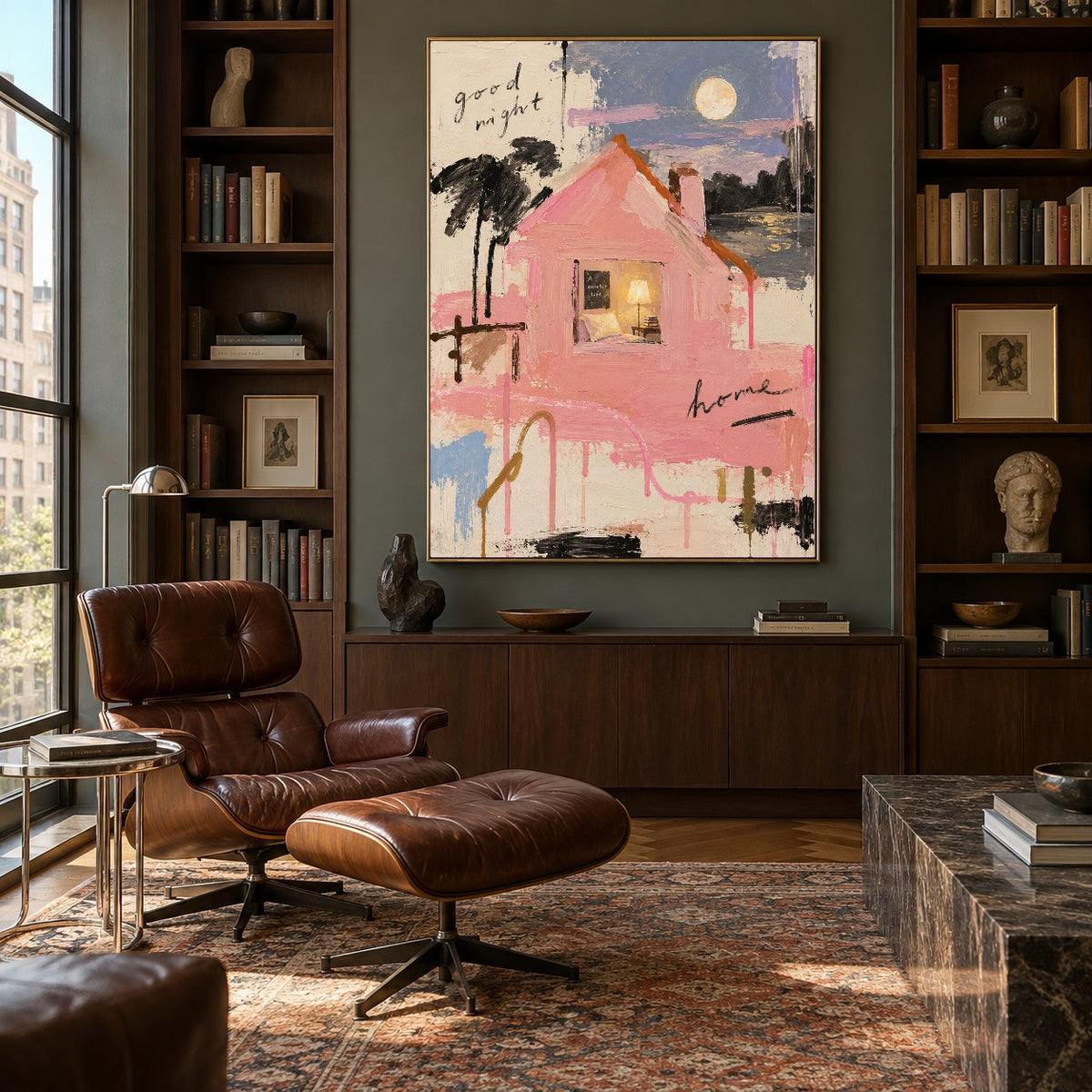 Moonlit Pink Cottage - library lounge - modern folk art painting