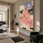 Moonlit Pink Cottage - modern living room - modern folk art painting