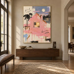 Moonlit Pink Cottage - entryway - modern folk art painting