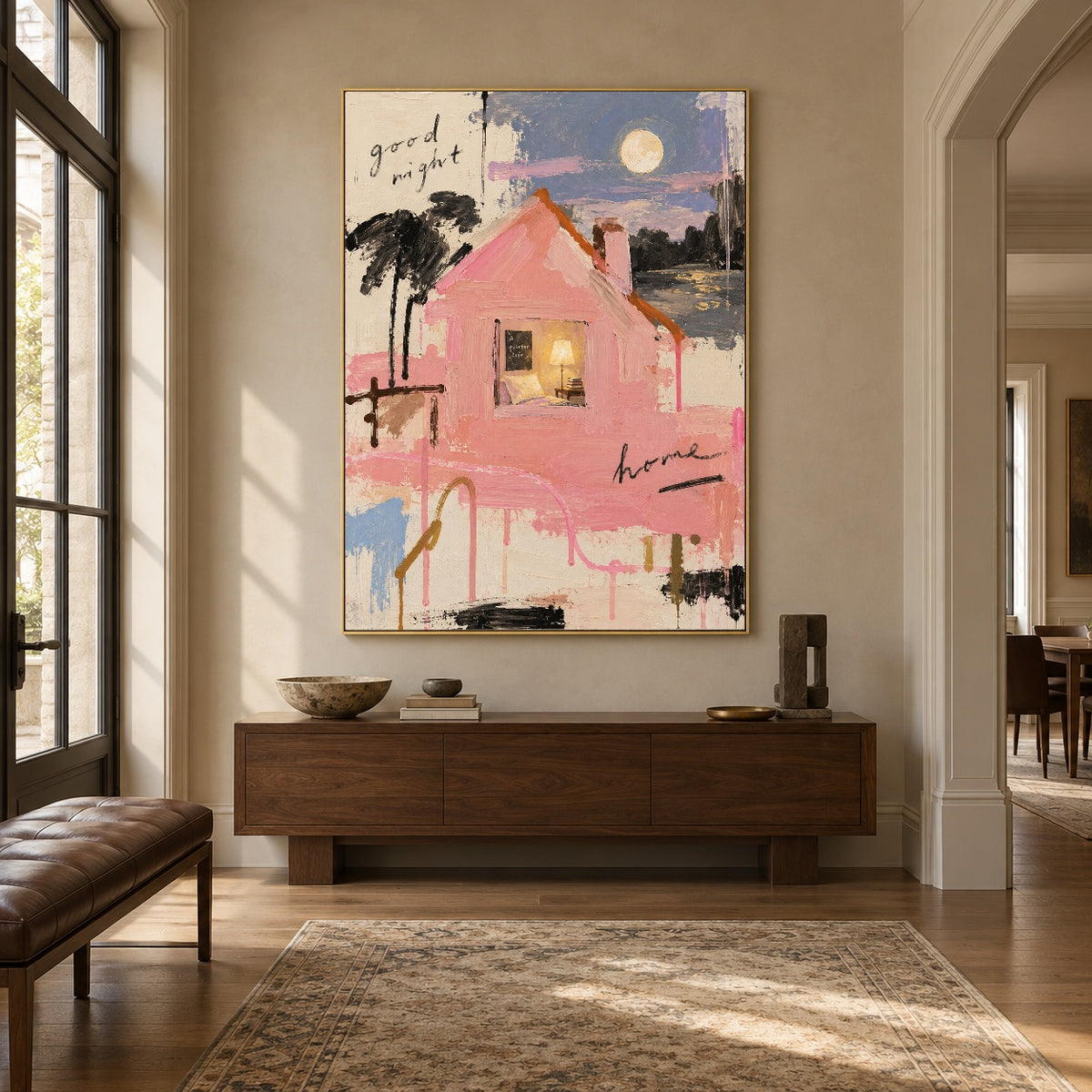 Moonlit Pink Cottage - entryway - modern folk art painting