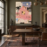 Moonlit Pink Cottage - wood dining room - modern folk art painting