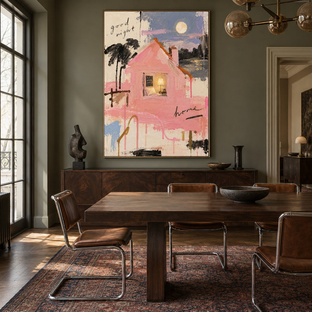 Moonlit Pink Cottage - wood dining room - modern folk art painting