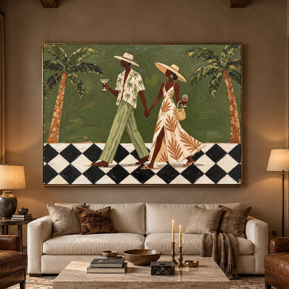 Palm Court Promenade - front view hero - modern folk art painting