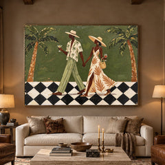 Palm Court Promenade - front view hero - modern folk art painting