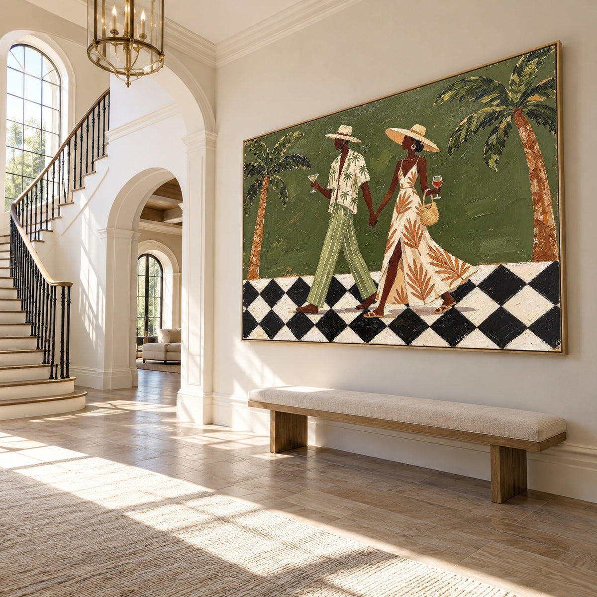 Palm Court Promenade - oblique view - modern folk art painting
