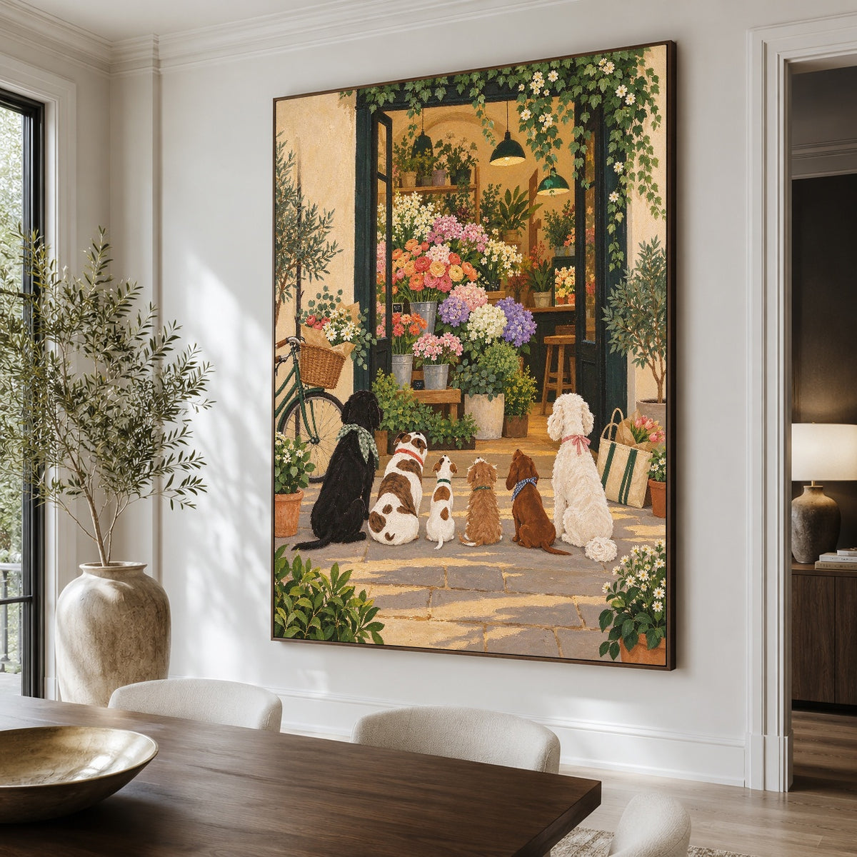 Petals at the Door - dining room close - modern folk art painting