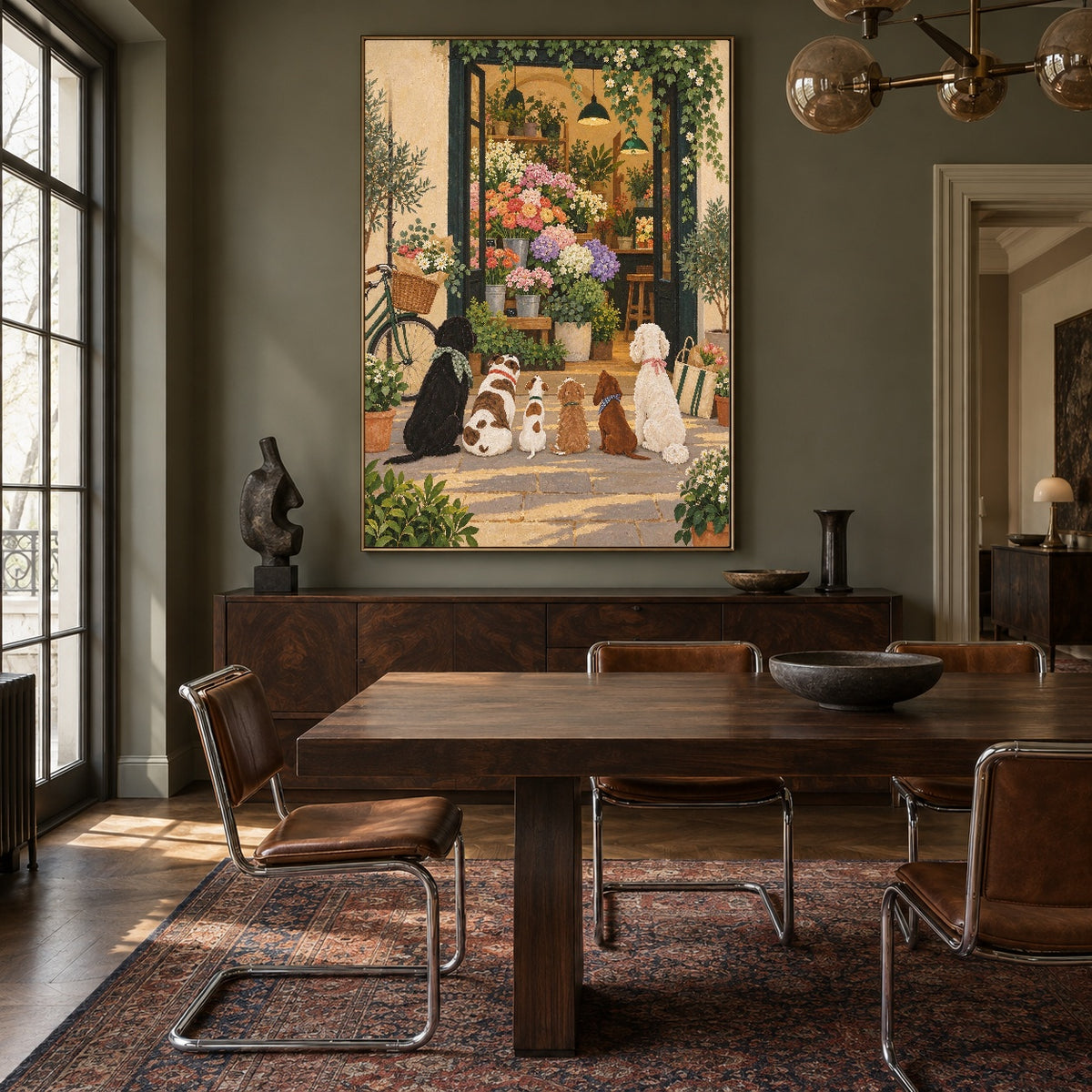 Petals at the Door - wood dining room - modern folk art painting