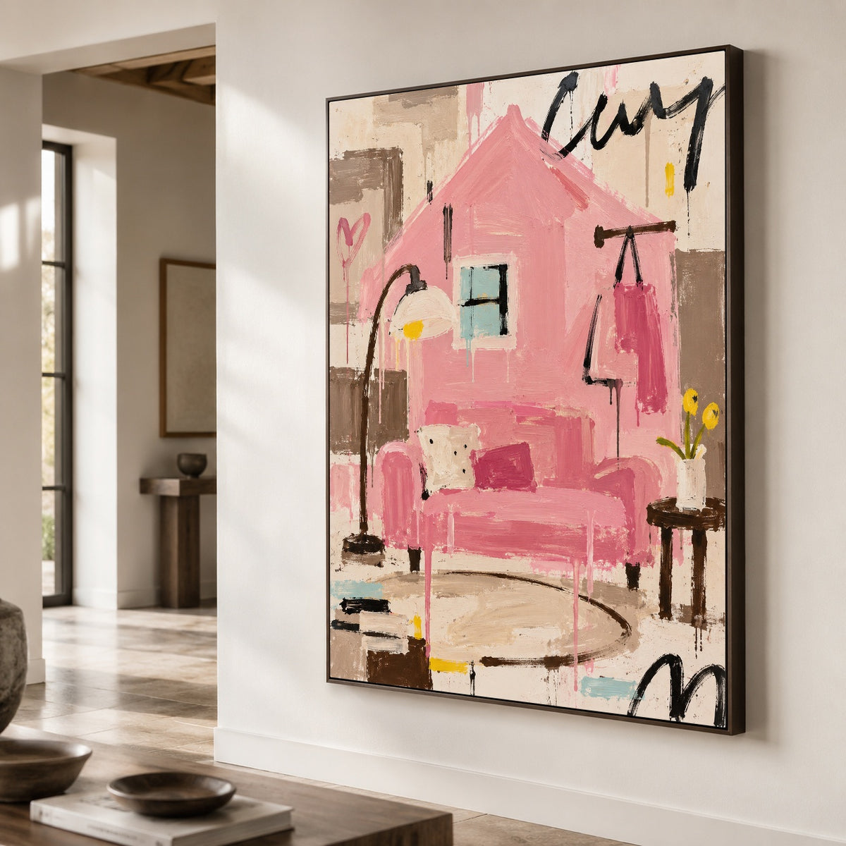 Pink House Daydream - oblique close view - modern folk art painting
