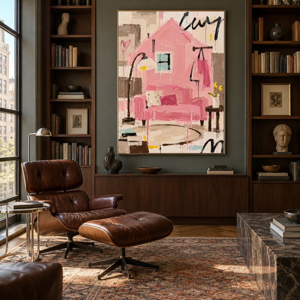 Pink House Daydream - library lounge - modern folk art painting