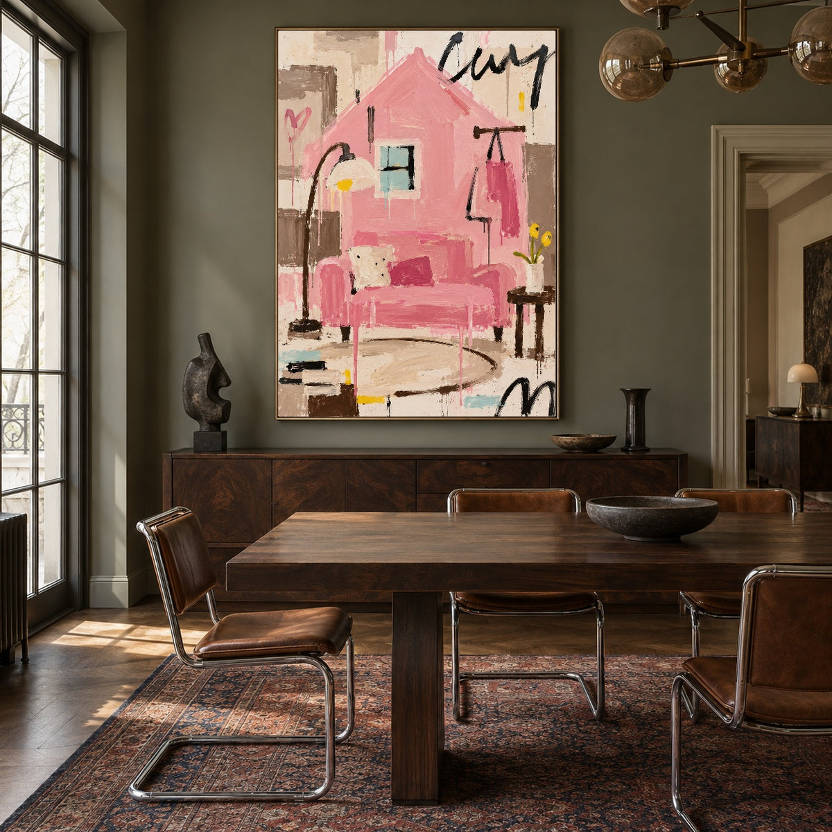 Pink House Daydream - wood dining room - modern folk art painting