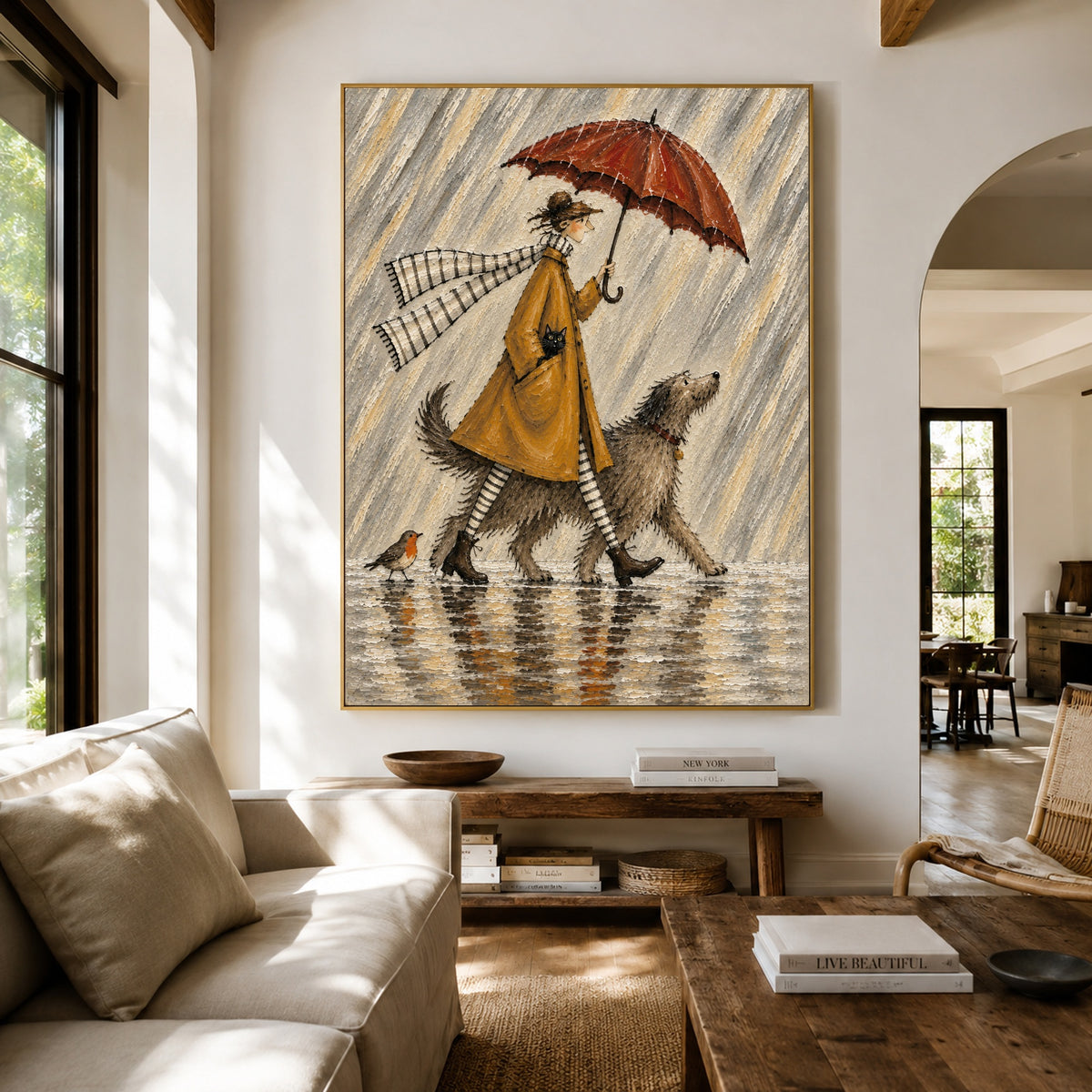 Raincoat Ramble - living room hero - modern folk art painting