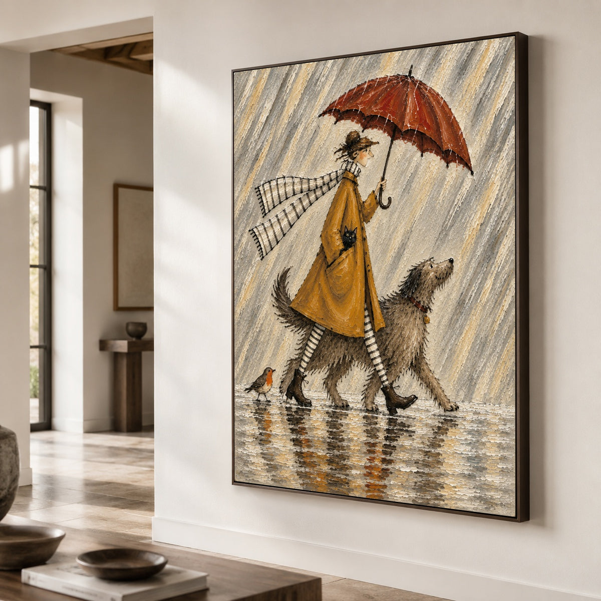 Raincoat Ramble - oblique close view - modern folk art painting