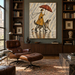 Raincoat Ramble - library lounge - modern folk art painting