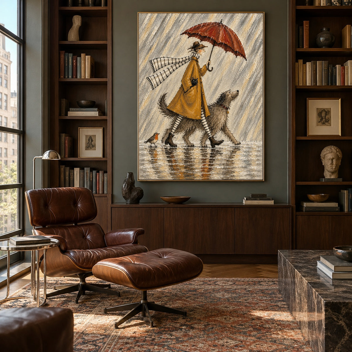Raincoat Ramble - library lounge - modern folk art painting