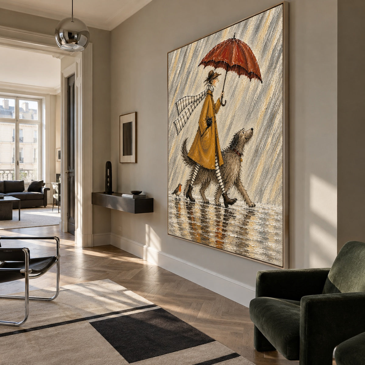 Raincoat Ramble - modern living room - modern folk art painting