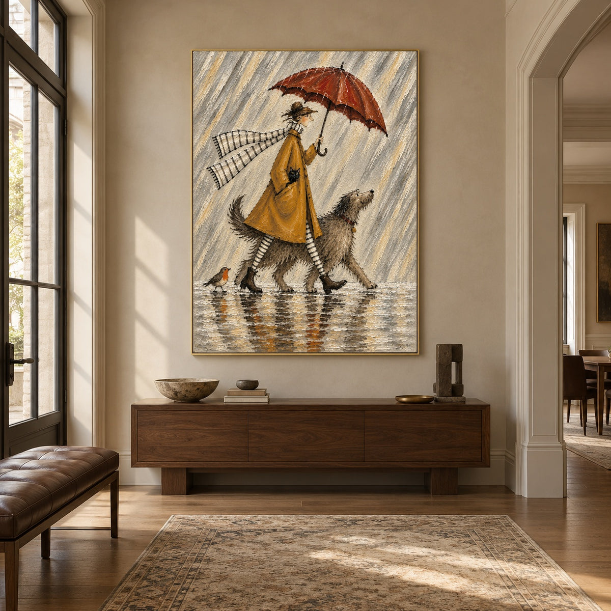 Raincoat Ramble - entryway - modern folk art painting