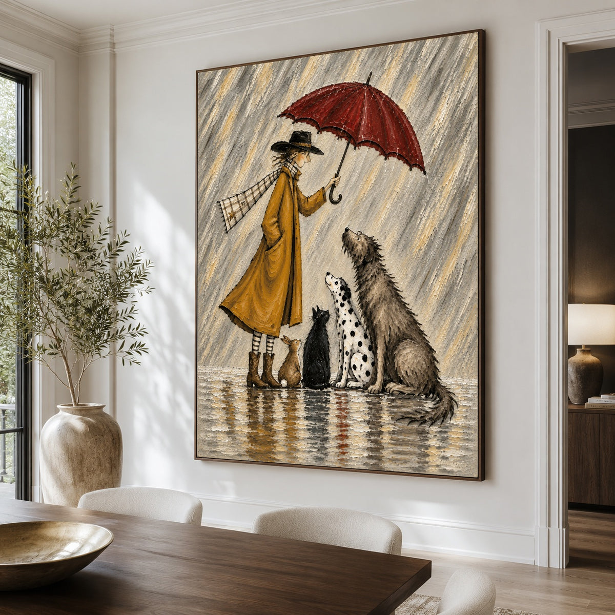 Shelter in the Rain - dining room close - modern folk art painting