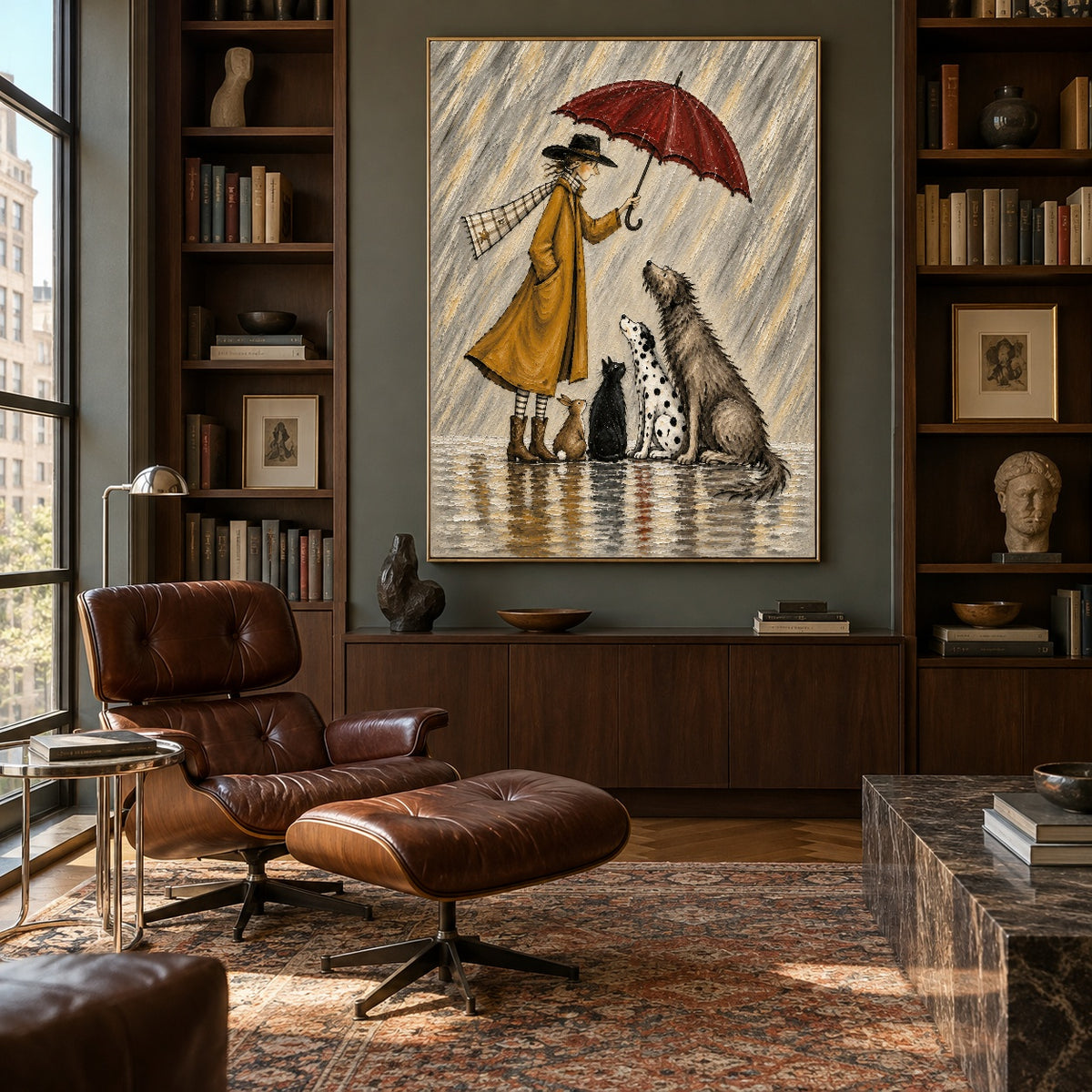 Shelter in the Rain - library lounge - modern folk art painting