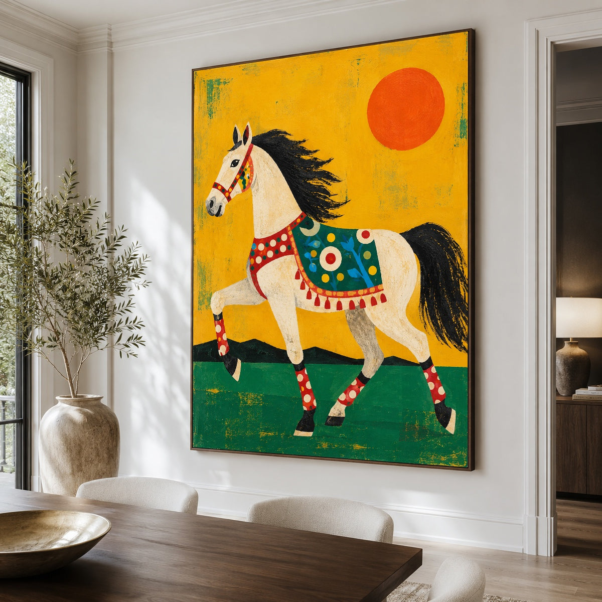 Sun Festival Steed - dining room close - modern folk art painting