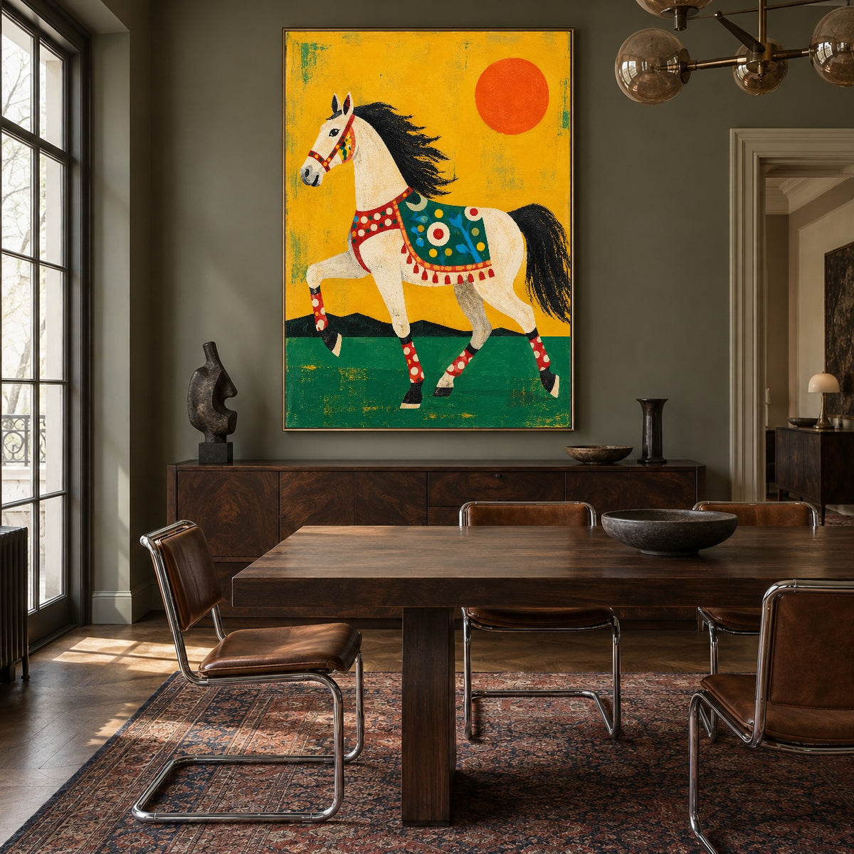Sun Festival Steed - wood dining room - modern folk art painting