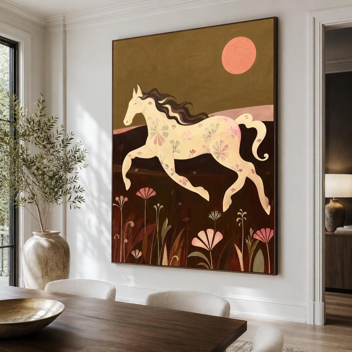 Under the Coral Moon - dining room close - modern folk art painting