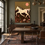 Under the Coral Moon - wood dining room - modern folk art painting