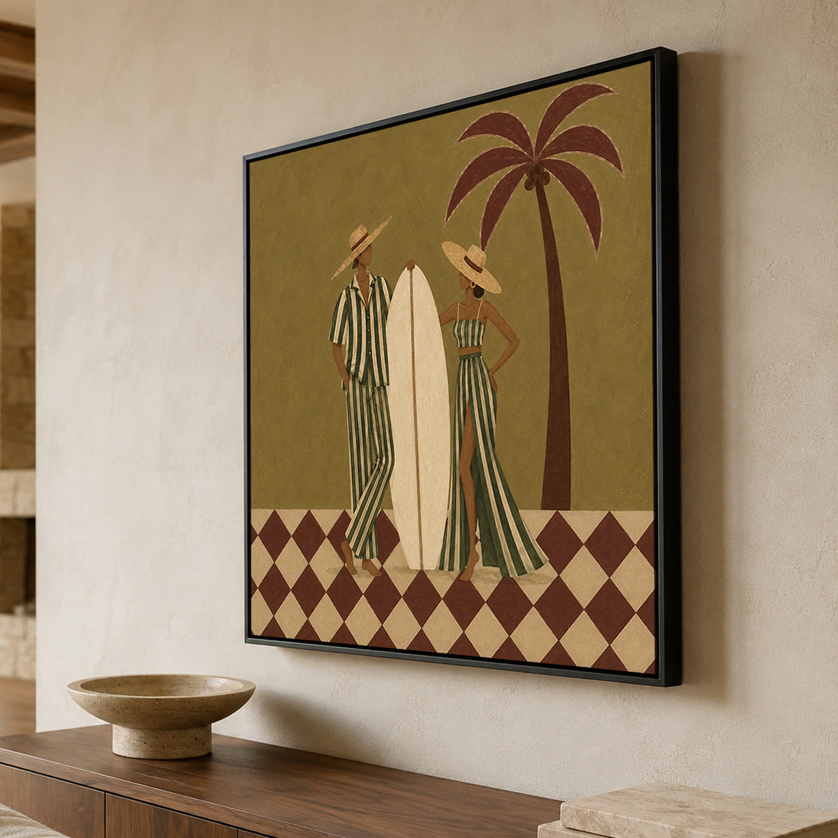 Under the Palm Together - oblique view - modern folk art painting