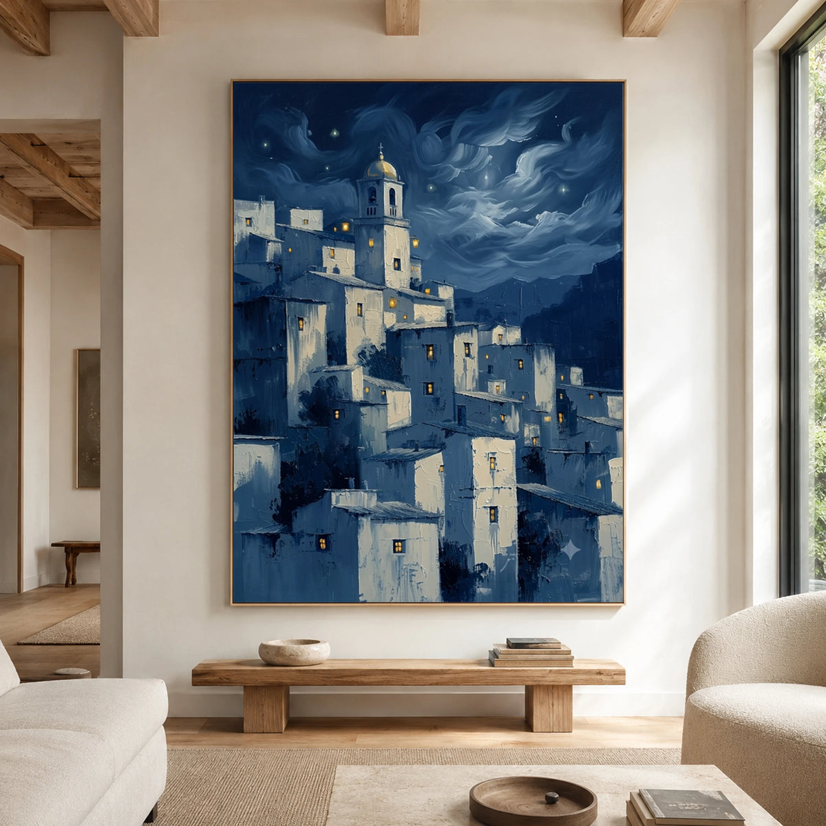 Moonlit Village Whispers - living room hero - textured impasto artwork