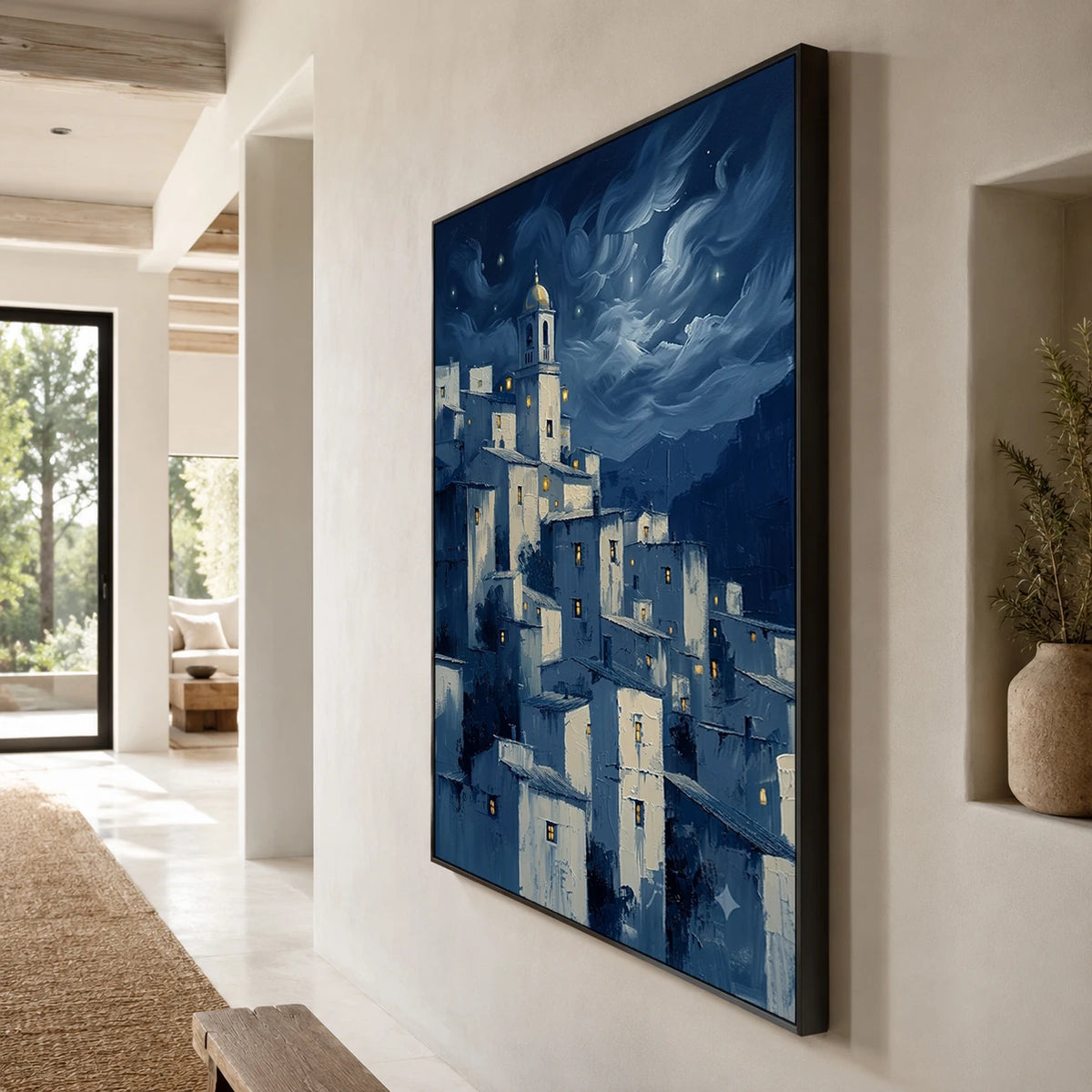Moonlit Village Whispers - oblique side view - textured impasto artwork